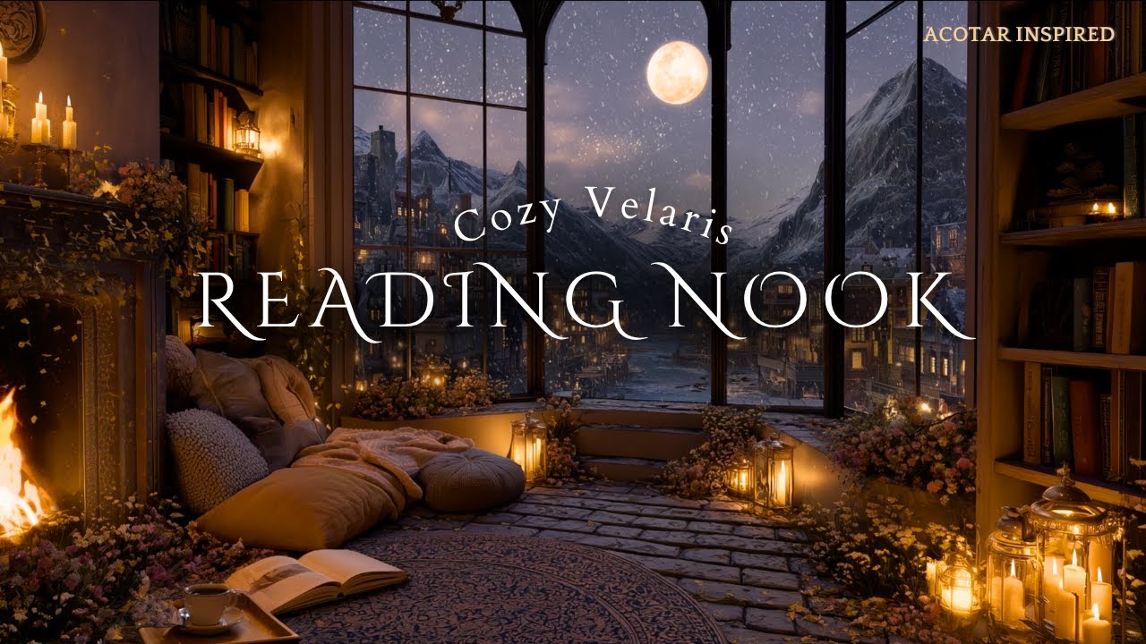 Velaris Reading Nook in Winter | Cozy Fireplace & Falling Snow | Night Court Ambience