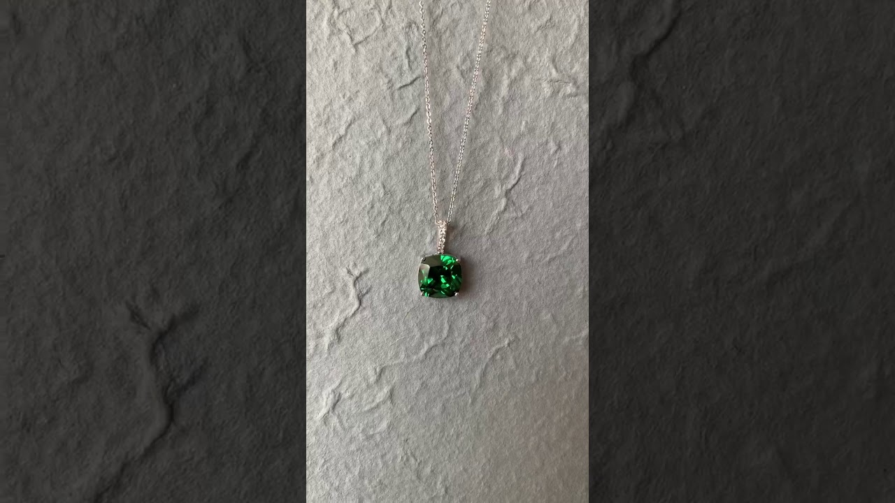 Pure Silver Created Emerald Pendant On Chain