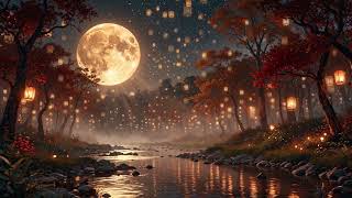 Magical Sky Lanterns Over Autumn Forest River 4K No Copyright
