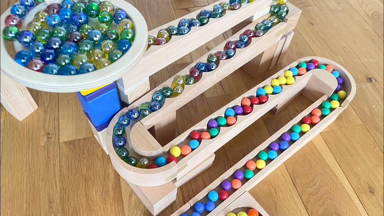 【MarbleRun】ASMR 木製スロープくねくねコースでビー玉が転がる Marble Run Wooden slope winding