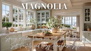 Magnolia Spring Kitchen Decor with Fresh Flowers, Soft Pastels, and Cozy Farmhouse Style
