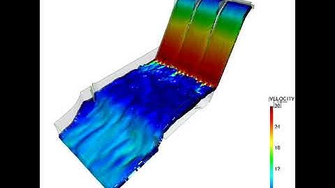 Dam spillway and stilling basin 3D CFD simulation with Kratos and GiD. Free surface velocity