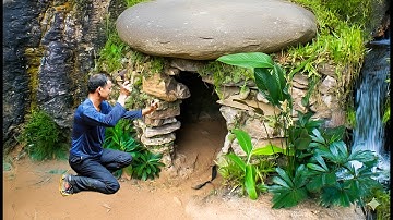 I Spent 7 Days Building a Cozy and Secret Stone Survival Shelter Under a Giant Rock