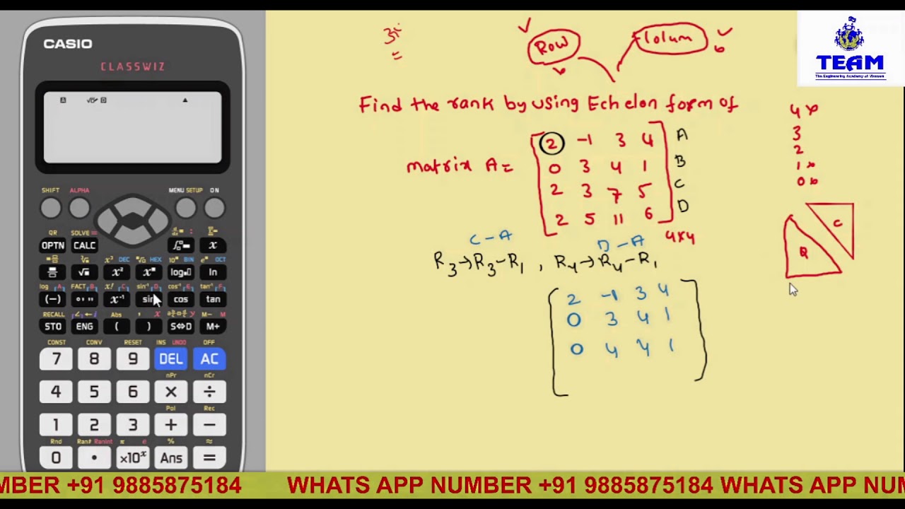 finding Rank of Matrix by Echelon form applying elementary operations by  Using Casio Calculator - YouTube