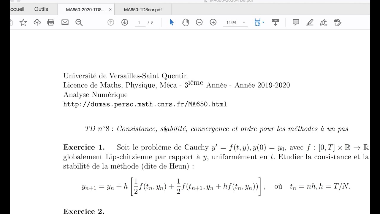 Résolution numérique d'EDO, exercices corrigés (2/3): méthodes à un pas