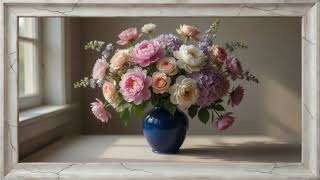 Elegant Spring Bouquet in Deep Blue Vase 🌸 Soft Window Light | Relaxing Floral Ambience (1 Hour HD) screenshot 3