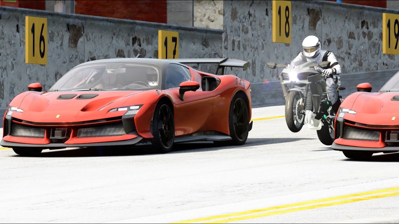 Kawasaki Ninja H2 vs Ferrari SF90 XX Stradale vs Devel Sixteen at