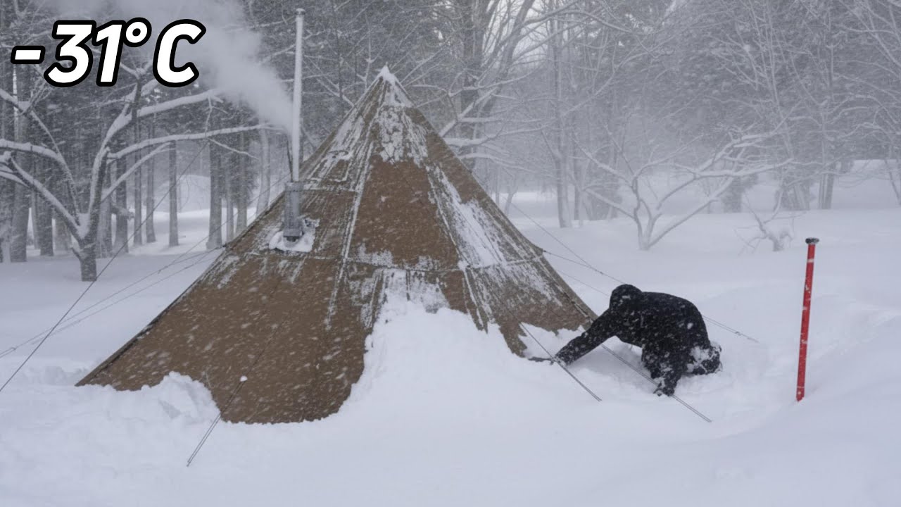 2 Day Solo Hot Tent Camping in -31°C Blizzard and Eating Wagyu Beef | Winter Camping