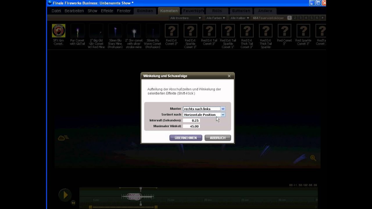 FINALE Fireworks: verschiedene Abschußmuster in Fächern realisieren