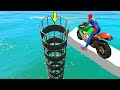 SPIDERMAN and Motorcycles with Shark Pipe Obstacle Superheroes Challenge - GTA 5