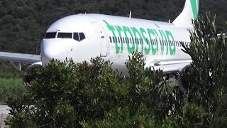 Transavia B737 Takeoff from SKIATHOS AIRPORT with ATC Comms and spotters 'jetblasted' behind!