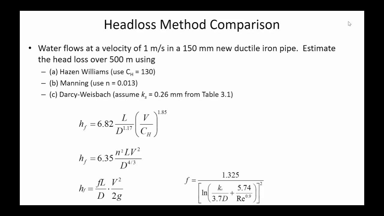 Pipe diameter sizing with a pump, comparing Darcy, Hazen, and Manning