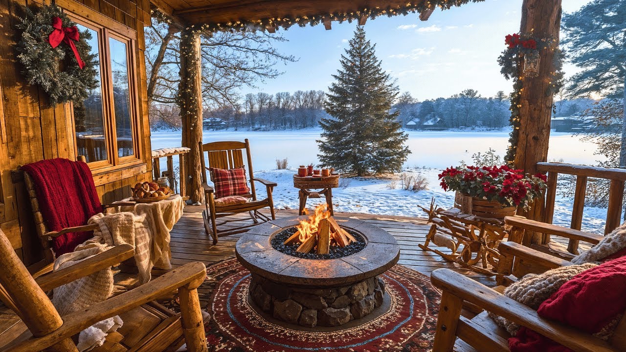 Cozy Winter Terrace by the Fire – Coffee Shop Ambience | Relaxing Jazz ...
