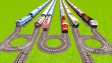 SIX TRAINS VS THREE ROUNDED CIRCLES AND RISKY POTHOLES RAILROAD TRACKS|⭕⭕⭕ Train simulator|Railworks