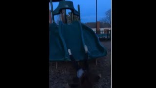 Grown-up Falls Down A Slide In The Park
