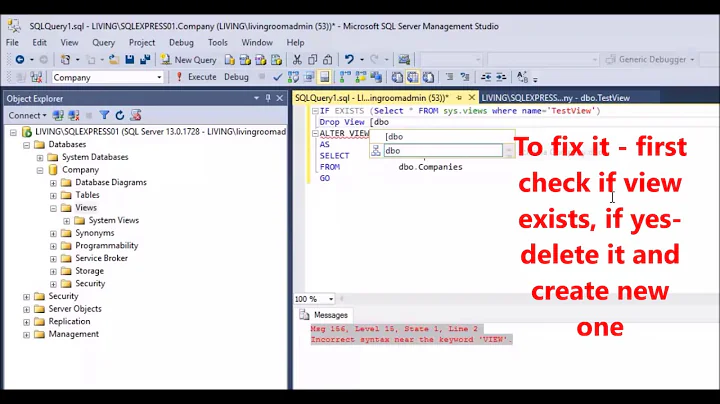 MS SQL -  Fix Error -  Incorrect syntax near the keyword 'VIEW'