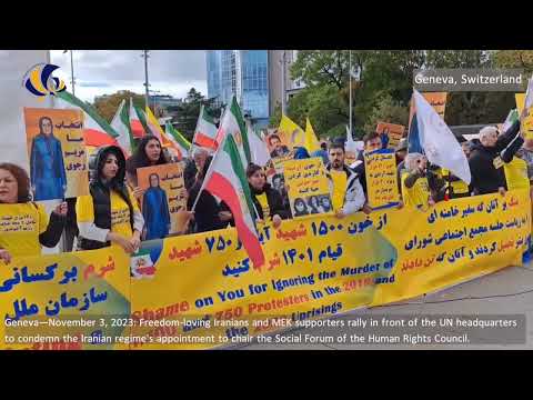 Geneva—Nov 3, 2023: Freedom-loving Iranians & MEK supporters rally in front of the UN headquarters