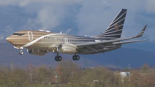 4K | STUNNING Boeing 737-700BBJ 9H-ELF landing at Geneva/GVA/LSGG