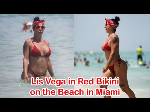 Lis Vega in Red Bikini on the Beach in Miami