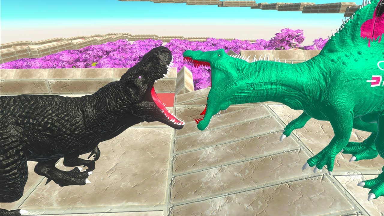 DARK T REX vs SQUID GAME SPINOSAURUS FOREST DEATH FALL - Animal Revolt Battle Simulator