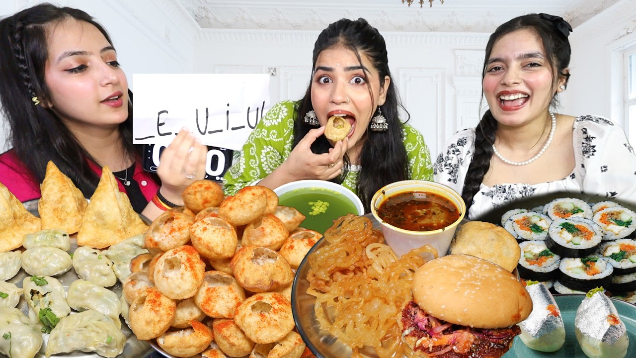 Guess the Words Food Eating Challenge | golgappa, Momos, Kimchi Sushi🔥Burger, Samosa, Puri Sabji etc