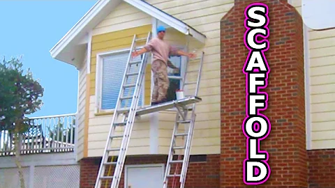 Small Scaffolding with Ladder Jacks and Aluminum Plank Paint House Repair Wood Rot Window Sill