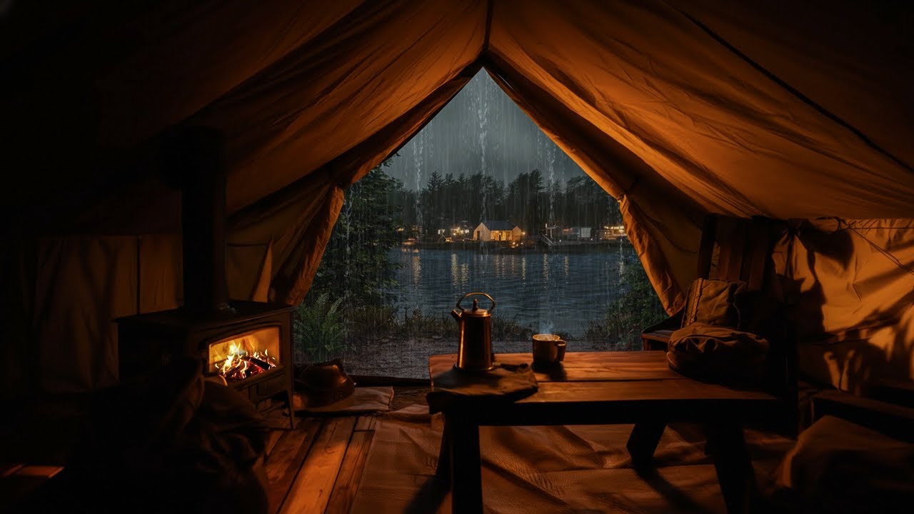 Lakeside Camping Tent Ambience ⛺ Heavy Rain & Thunder, Warm Fireplace for Deep Relaxation & Focus