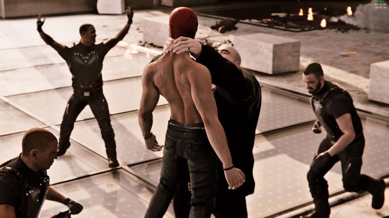 Spider-Man in Trouble - Shirtless Spider-Man in jeans subdued by Fisk and his henchmen