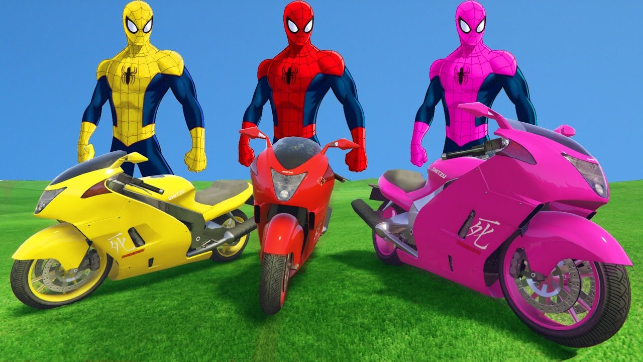 Spiderman Colors Vs 3 Motos Colores Partido Diversión Superhéroes Rimas