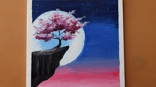 Easy Moonlight Scenery Painting for Beginners| Cherry Blossom Painting ideas