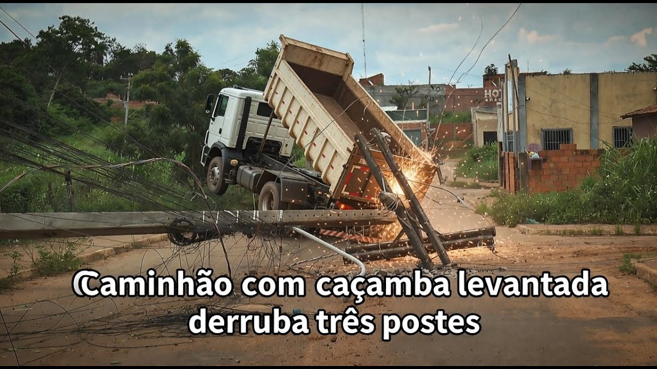 Caminhão com caçamba levantada derruba três postes e deixa bairro Alvorada sem energia