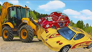 TOY CARS CRASH With Police and Race, Tractor, Excavator to Rescue in Cartoon Village