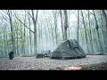 雨が降る森で焚き火と自然の音に癒されるソロキャンプ(ASMR、自然BGM)