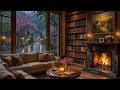 Peaceful Evening at the Rainy Café ☕ Smooth Jazz Piano & Fireplace Sounds for Relax & Work