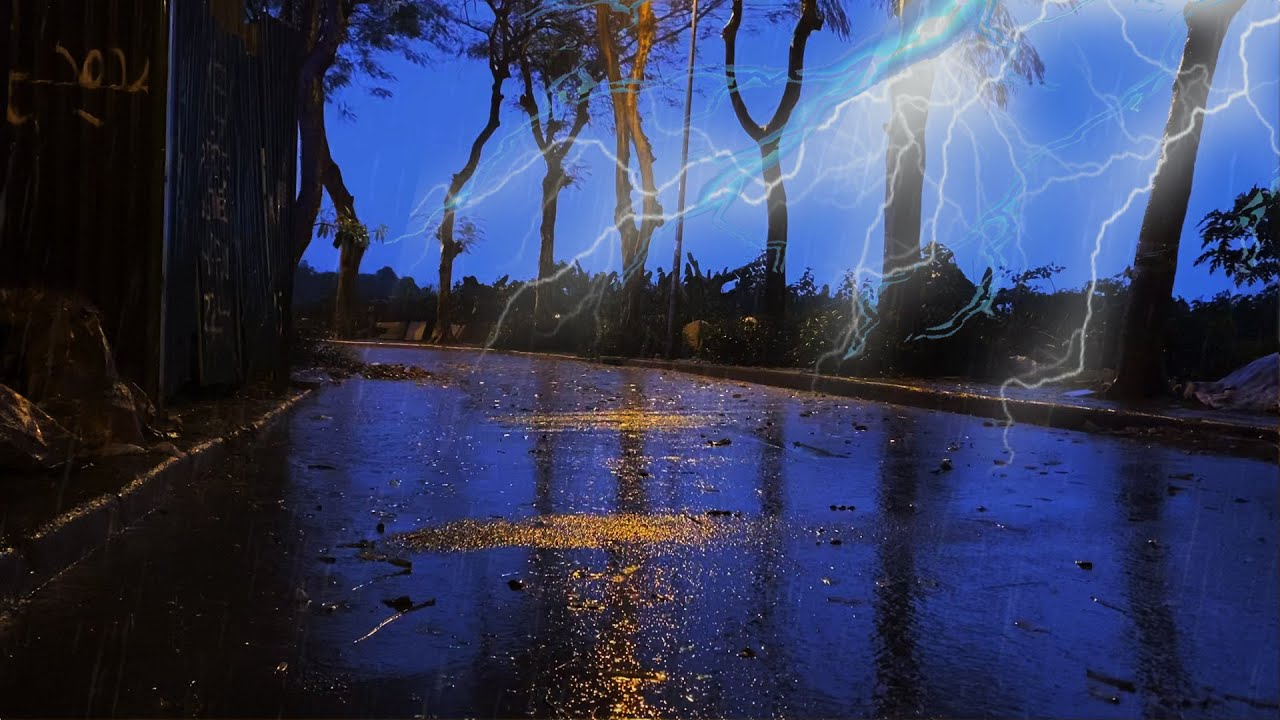 Torrential Rain With Heavy Thunder On Alley At Quiet Night Summer