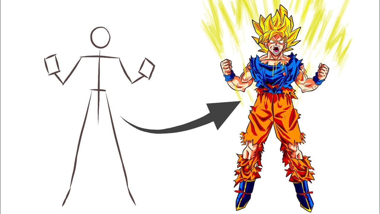 How To Draw Super Saiyan Goku From a Stick Man Easy Step by Step