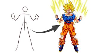 How To Draw Super Saiyan Goku From A Stick Man Easy Step By Step