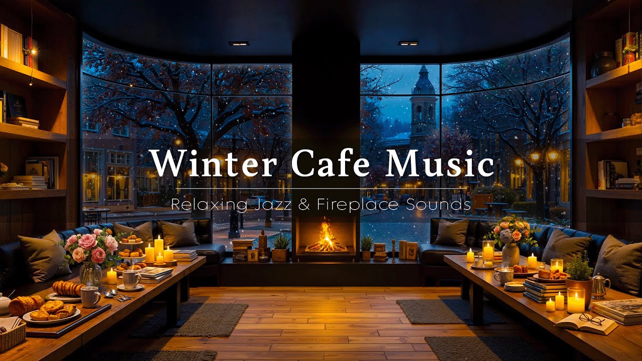 Winter Coffee Shop Ambience with Warm Jazz Music for Working ☕ Soft Piano Jazz & Crackling Fireplace