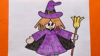 تعليم الرسم للأطفال/رسم ساحرة شريرة/رسم ساحرة الهالوين/Halloween charming drawing easy with colour