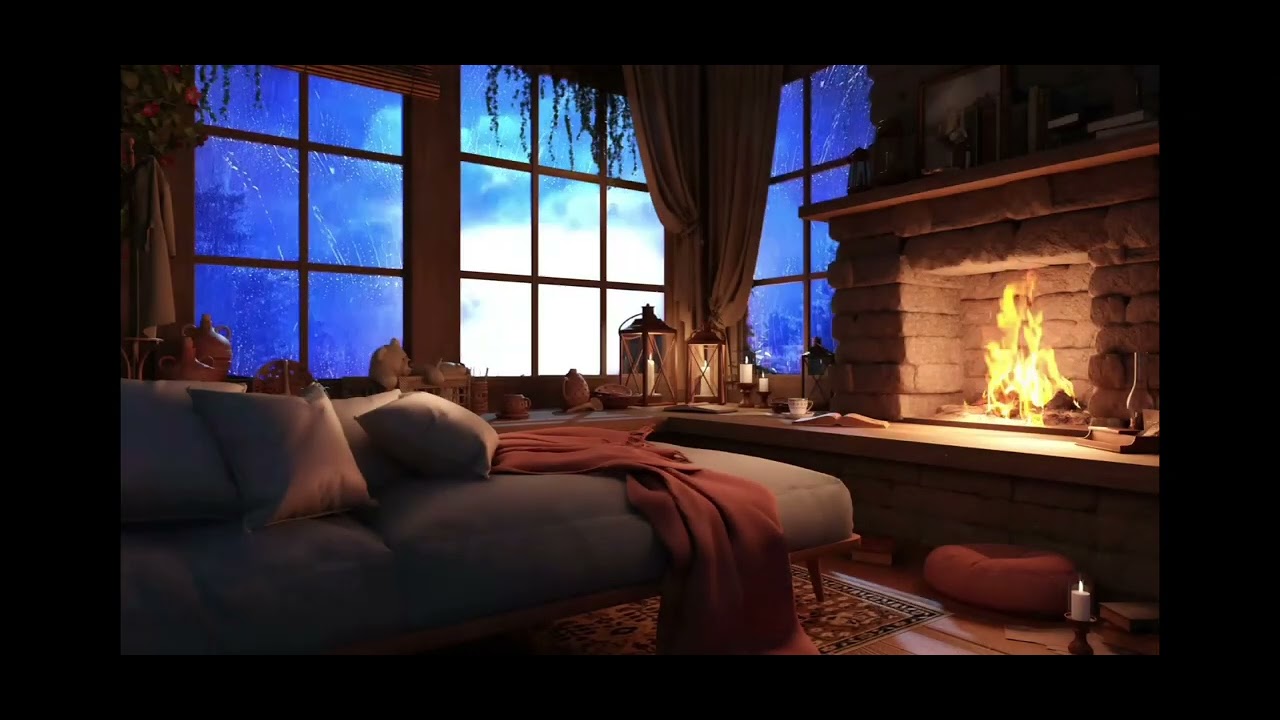 Crackling fireplace and rain drops coziness 