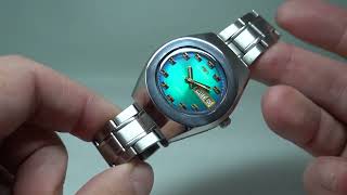 C1976 Technos Galaxy Automatic Mens Vintage Watch With Pea Blue Green Dial, And Turkish Day