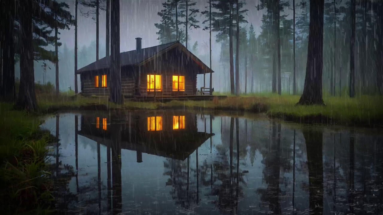 Night Rain in a Cozy Cabin 🌙 Forest Ambience with Thunder ASMR for Rest ...