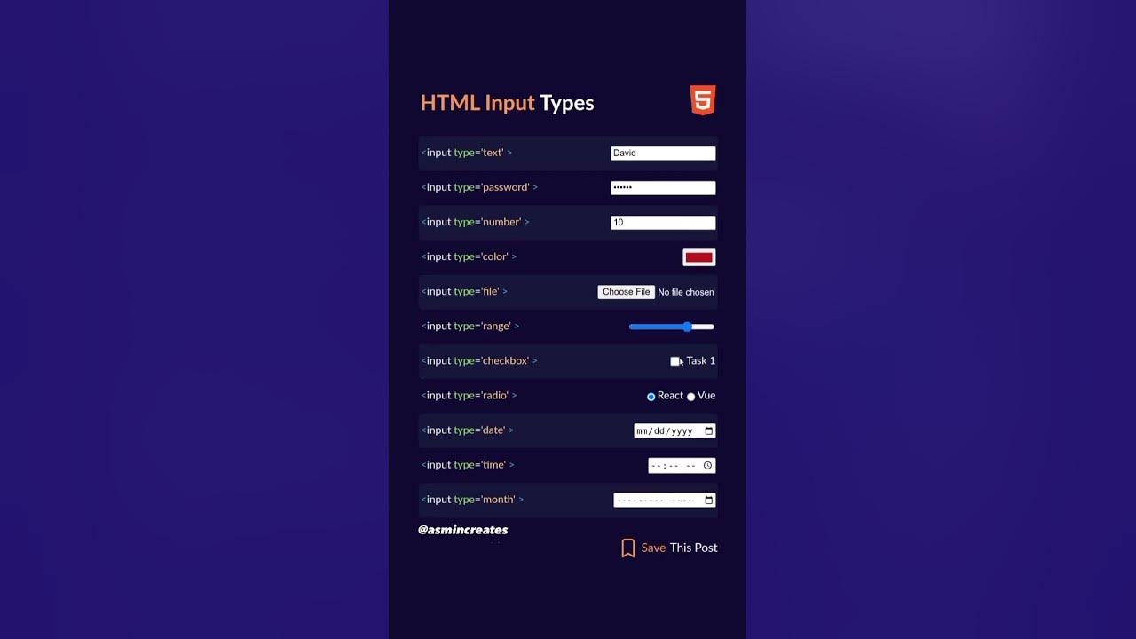 Html code for input types html css javascript coding programming 