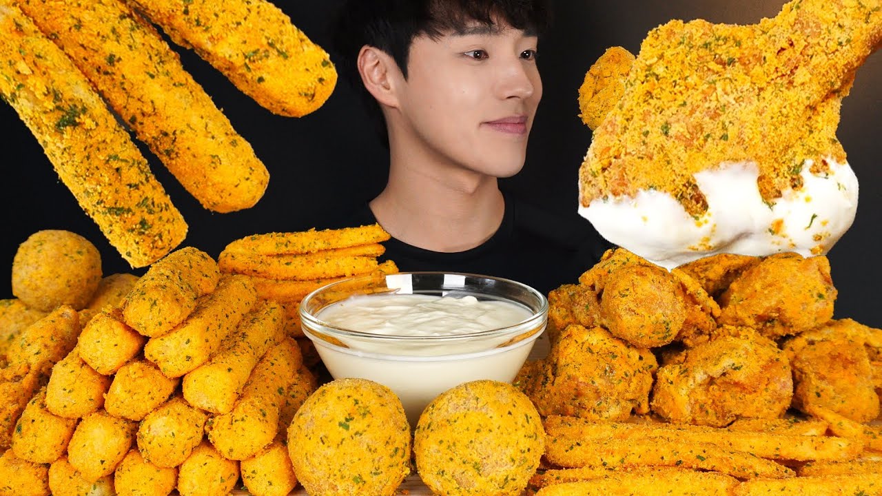 ASMR MUKBANG FRIED CHICKEN & CHEESE STICKS & FRENCH FRIES & CHEESE BALLS! BBURINKLE