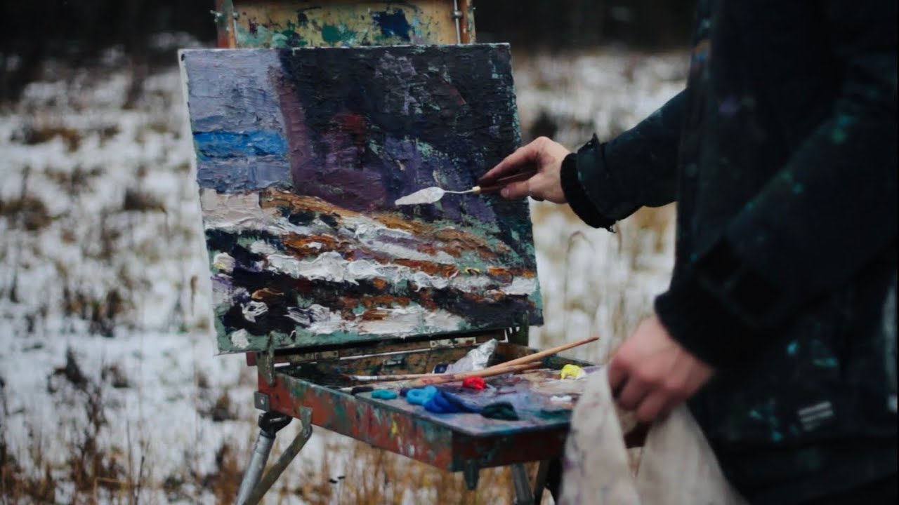 Winter Plein Air Painting in the Rain ASMR