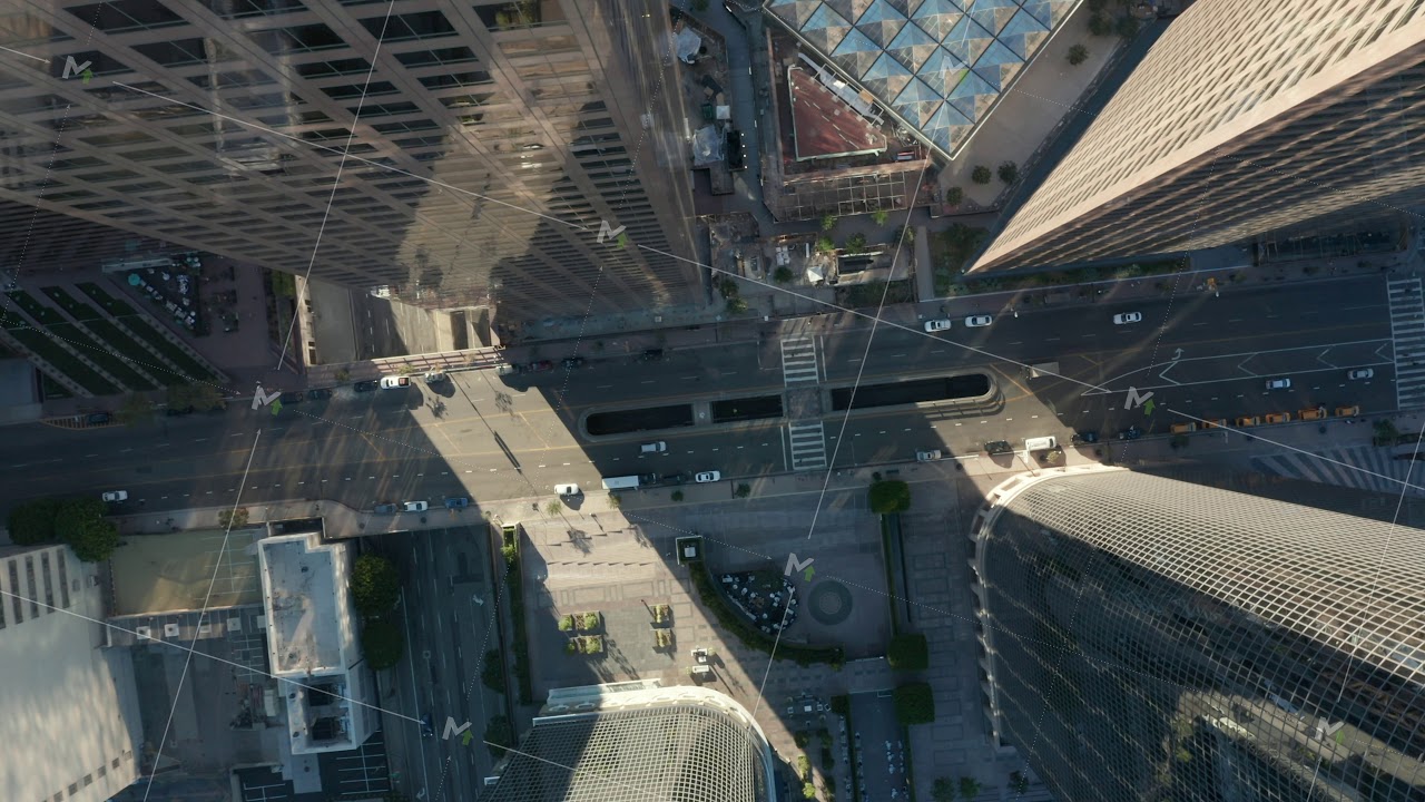 AERIAL Slow uplifting birds eye View flight over Downtown Los Angeles