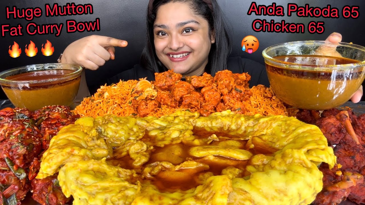 HUGE MUTTON FAT CURRY BOWL, SPICY EGG PAKODA 65, CHICKEN LOLLIPOP AND CHICKEN 65 FRIED RICE |EATING