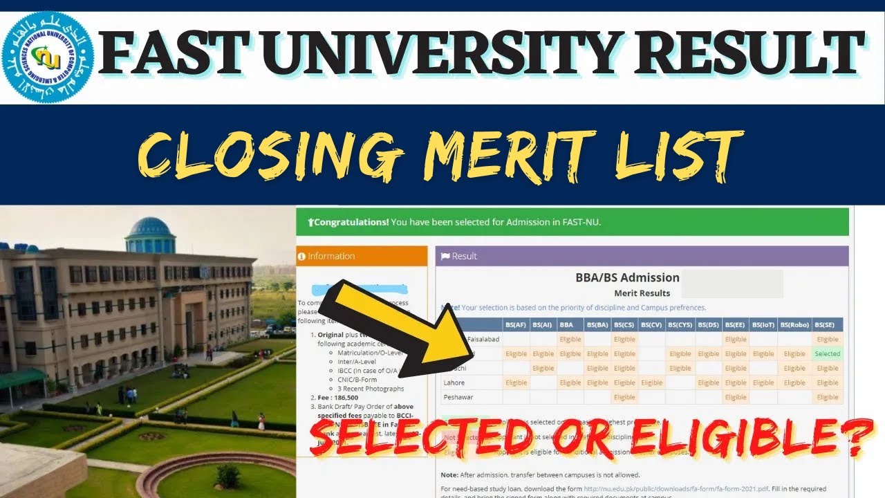FAST NUCES Closing Merit List FAST University Islamabad Aggregate FAST NUCES Closing Merit List FAST University Islamabad Aggregate