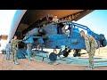 Unloading AH-64 Apache, HH-60 Pave Hawk, UH-1Y Venom Helicopters from C-17 Globemaster III