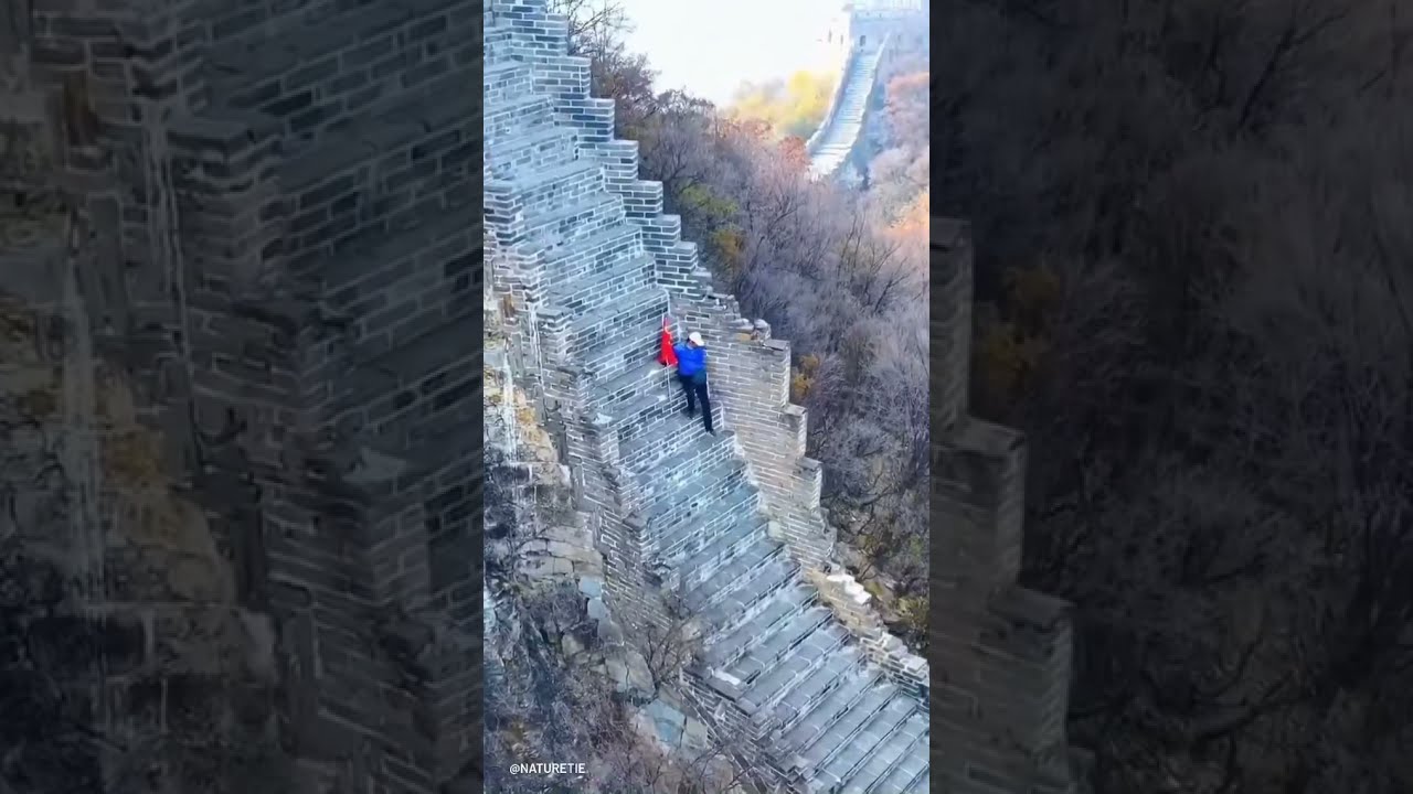 Climbing down from the Jiankou section of the Great Wall of China